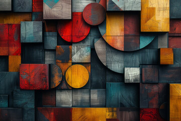 Fototapeta premium Geometric abstract design featuring 3D blocks, circles, and intersecting squares,