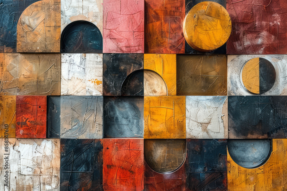 Fototapete abstract art with three-dimensional blocks, circles, and squares intersecting,