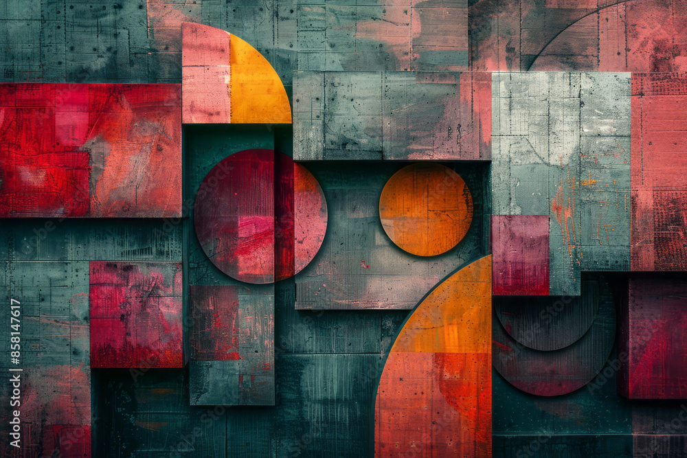 Poster abstract art with three-dimensional blocks, circles, and squares intersecting,