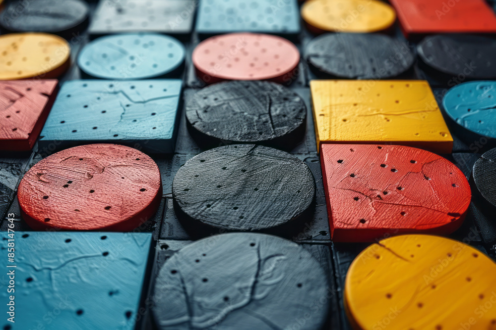Poster abstract geometric design with 3d blocks, circles, and squares crossing over each other,