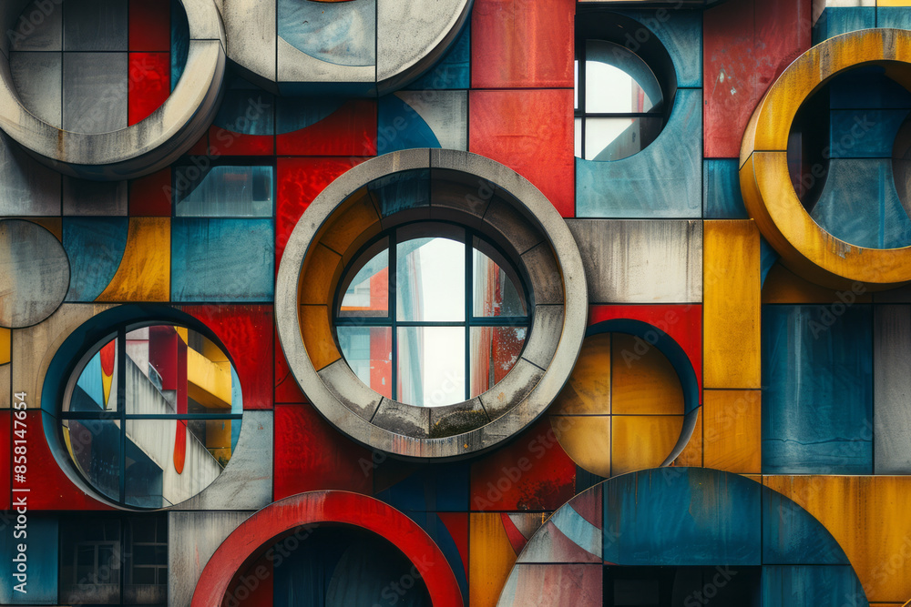 Poster abstract art with three-dimensional blocks, circles, and squares intersecting,