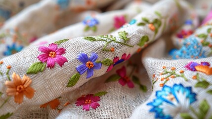 Bright multi-colored small flowers are embroidered on the linen fabric, creating a vibrant pattern.