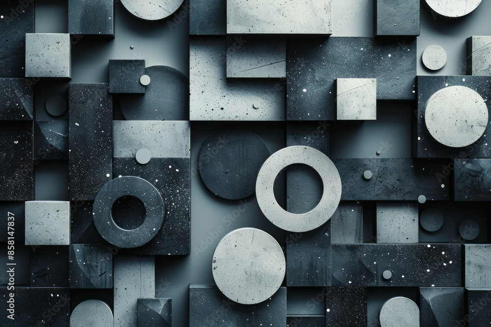 Aufkleber abstract geometric composition featuring 3d blocks, circles, and intersecting squares,