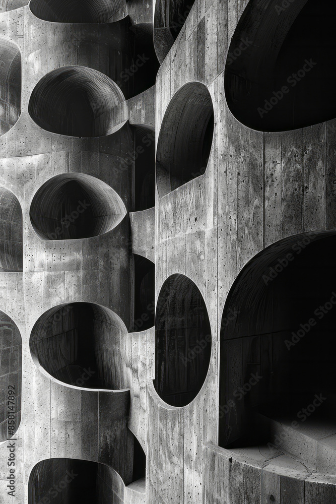 Poster abstract art piece with three-dimensional blocks, intersecting circles, and squares,