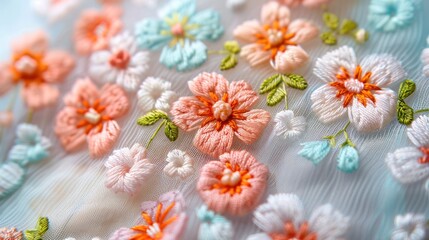 Fototapeta premium White tulle fabric is beautifully enhanced with floral embroidery and fine thread work.