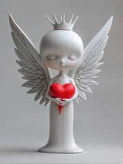 White angel with wings and a crown holding a red heart in her hands.