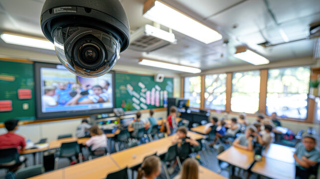 A classroom with a camera mounted on the ceiling