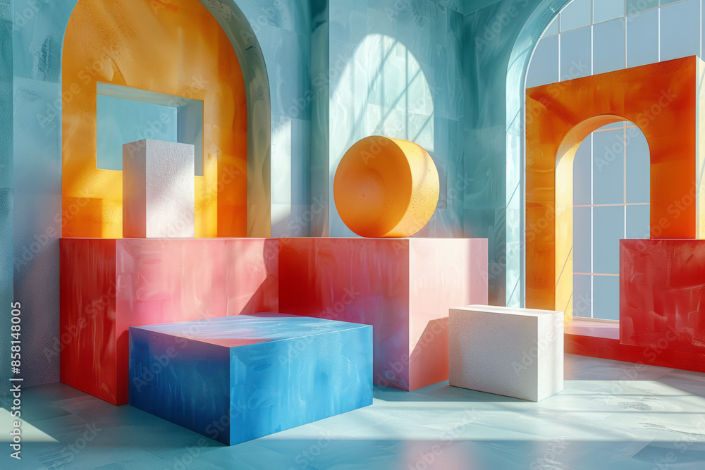 Aufkleber geometric shapes in 3d, including blocks, circles, and squares, creating an abstract composition,