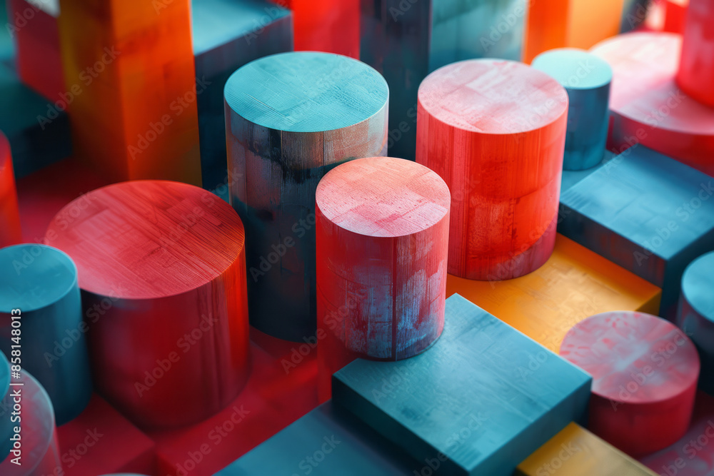 Aufkleber geometric shapes in 3d, including blocks, circles, and squares, creating an abstract composition,