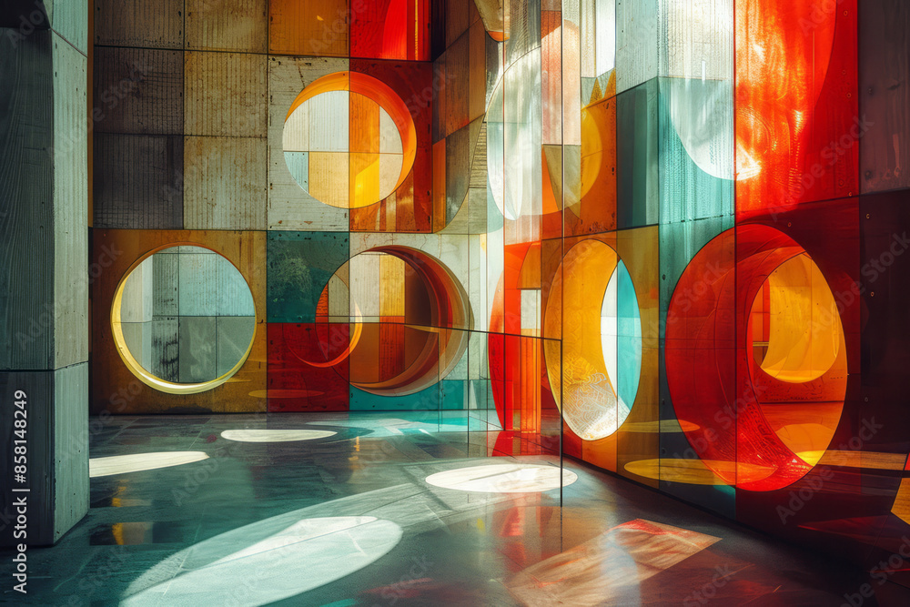 Fototapete abstract composition with intersecting circles, squares, and 3d blocks,