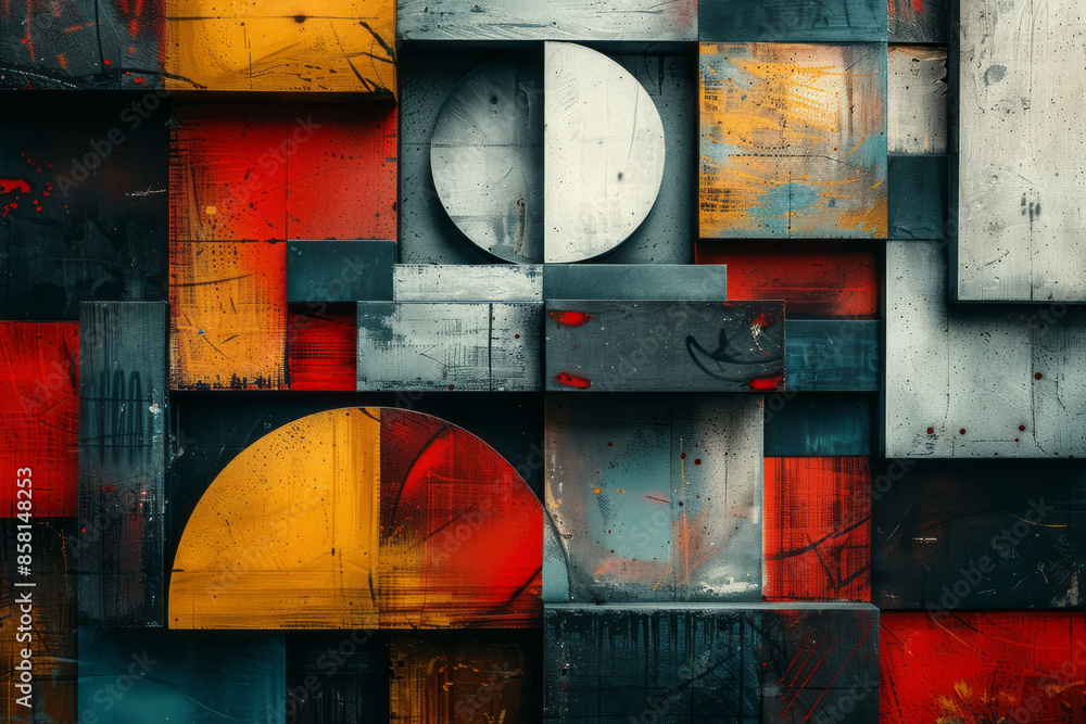 Poster Abstract design featuring three-dimensional blocks, circles, and intersecting squares,