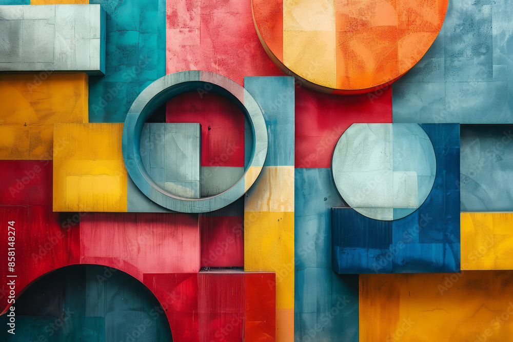 Poster Abstract design featuring three-dimensional blocks, circles, and intersecting squares,