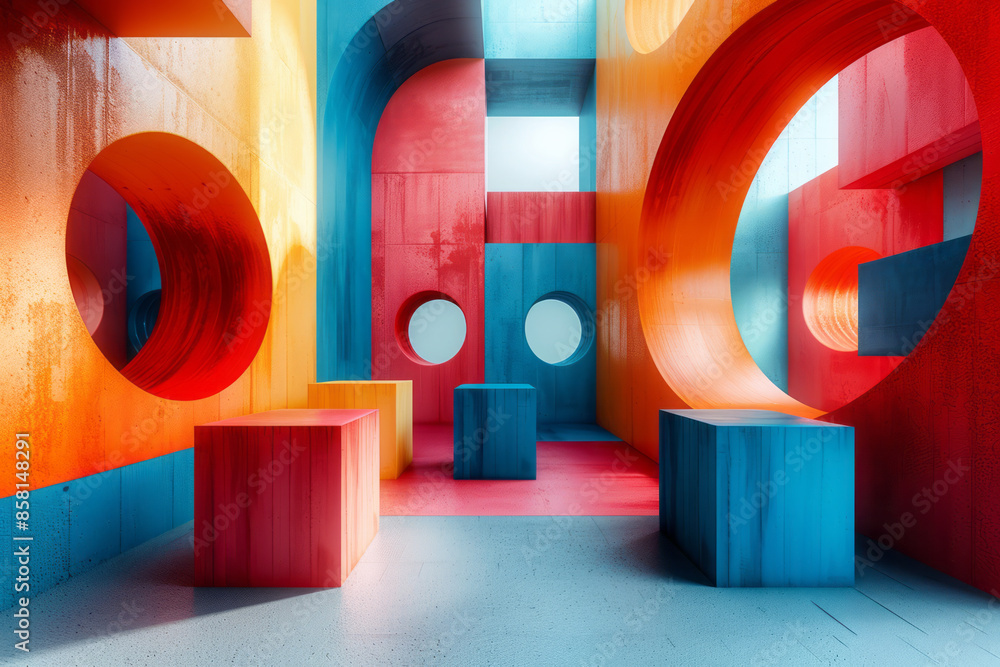 Poster Intersecting geometric shapes in 3D, including blocks, circles, and squares, in an abstract composition,