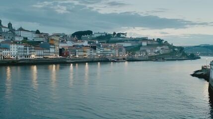Naklejka premium A panoramic view of Porto, Portugal at dusk, showcasing the citys colorful buildings, the Douro River, and a bridge in the distance
