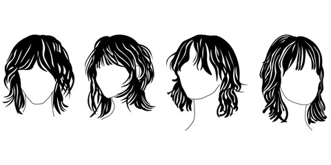 Cub cut fashionable haircut for medium hair, popular styling Wolf Cut set of silhouettes