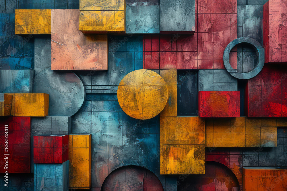 Fototapete abstract geometric art with three-dimensional blocks, circles, and intersecting squares,