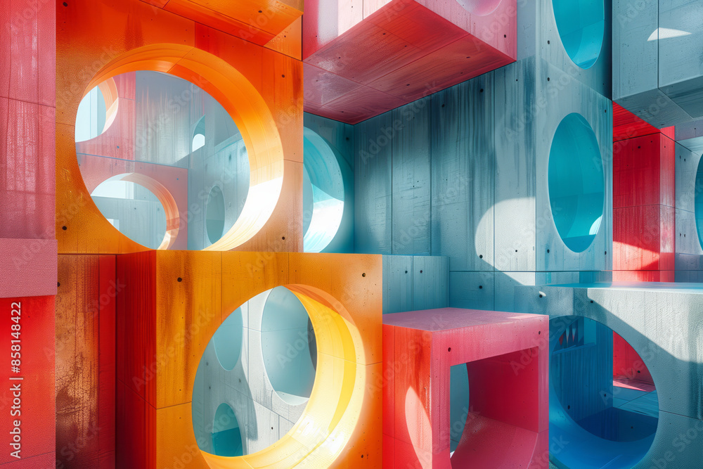 Poster 3D blocks and circles intersecting with squares in a geometric abstract design,