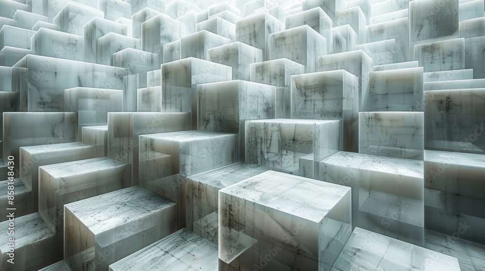 Poster abstract design with futuristic white metal cubes on textured surface, forming a complex pattern an 