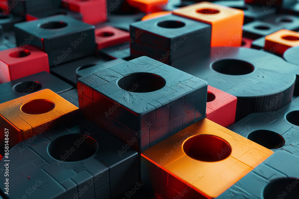 Aufkleber 3D blocks and circles intersecting with squares in a geometric abstract design,