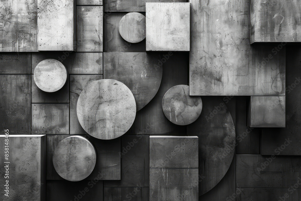 Poster 3D blocks and circles intersecting with squares in a geometric abstract design,