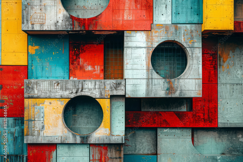Leinwandbilder Geometric abstract design with intersecting squares, three-dimensional blocks, and circles,