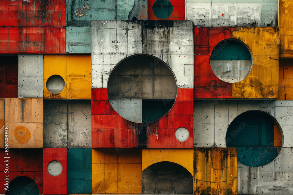 Poster Geometric abstract design with intersecting squares, three-dimensional blocks, and circles,