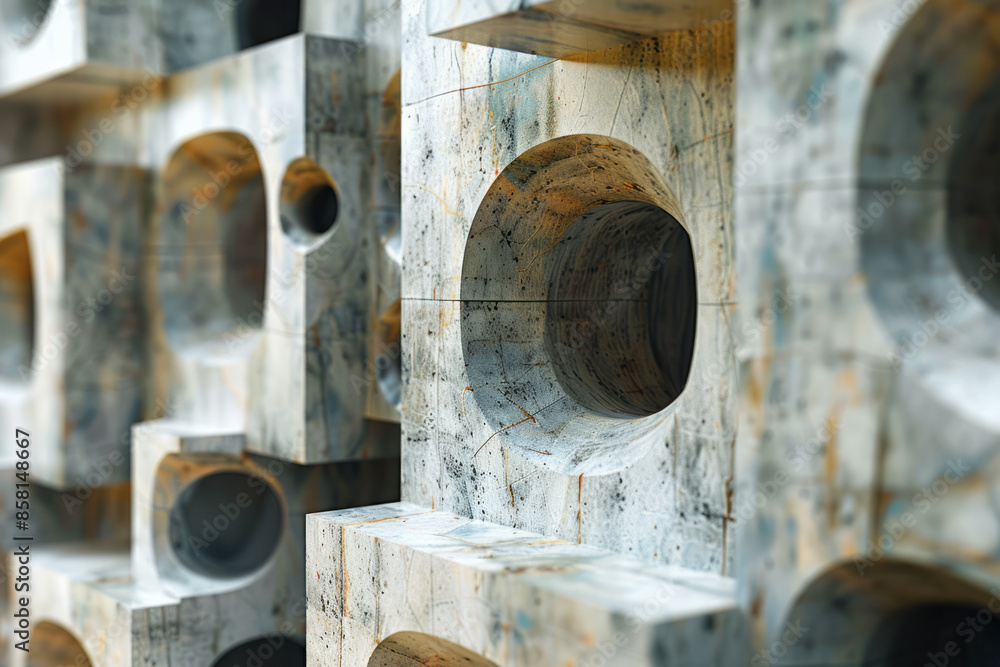 Aufkleber three-dimensional abstract art featuring blocks, circles, and intersecting squares,