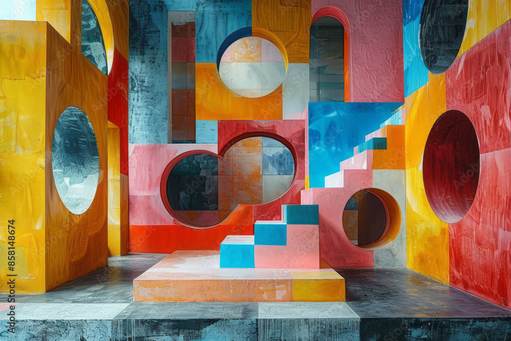 Poster three-dimensional abstract art featuring blocks, circles, and intersecting squares,