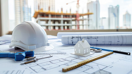 A construction site with a white helmet and blue tools on a table