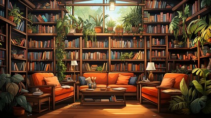 A charming, hand-drawn illustration of a cozy bookstore, with shelves filled with books, comfy chairs, and a warm, inviting environment. Illustration, Minimalism,