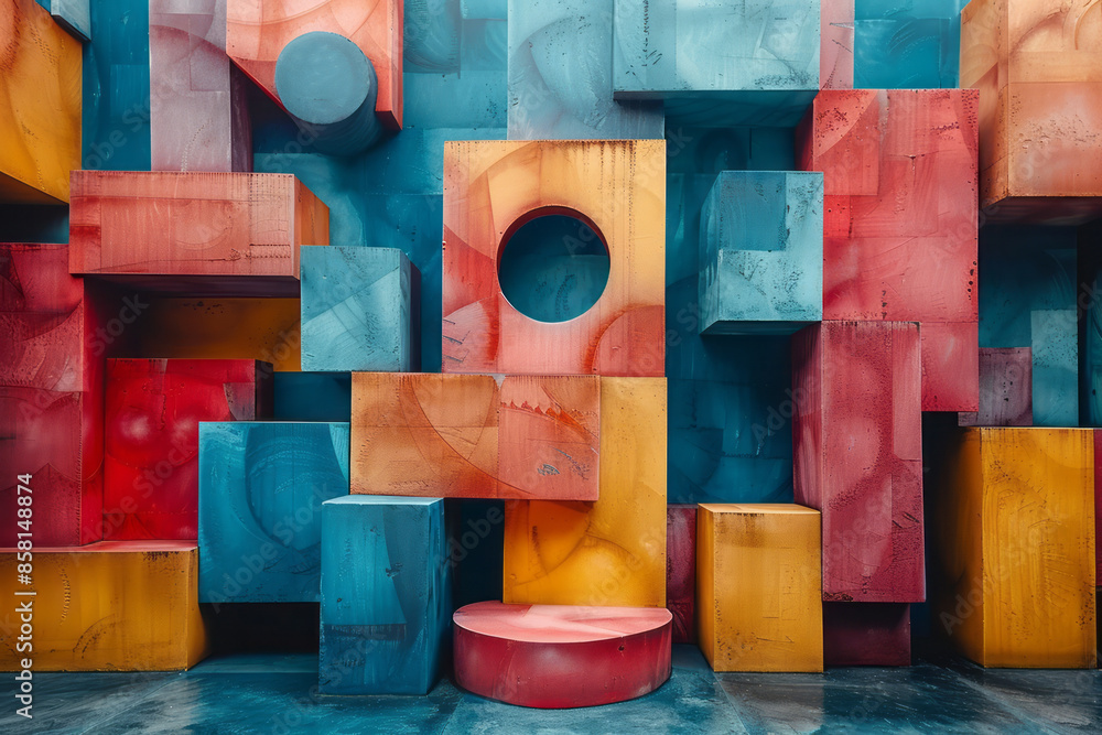 Poster intersecting geometric shapes, including three-dimensional blocks, circles, and squares, in an abstr