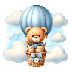 Isolated watercolor illustration of cute teddy bear in a hot air balloon with cloud. Cute teddy bear character. Nursery concept. Greeting card. 