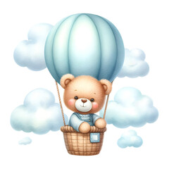 Isolated watercolor illustration of cute teddy bear in a hot air balloon with cloud. Cute teddy bear character. Nursery concept. Greeting card. 