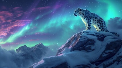 Snow leopard in wild snow field with beautiful aurora northern lights in night sky with snow forest in winter.