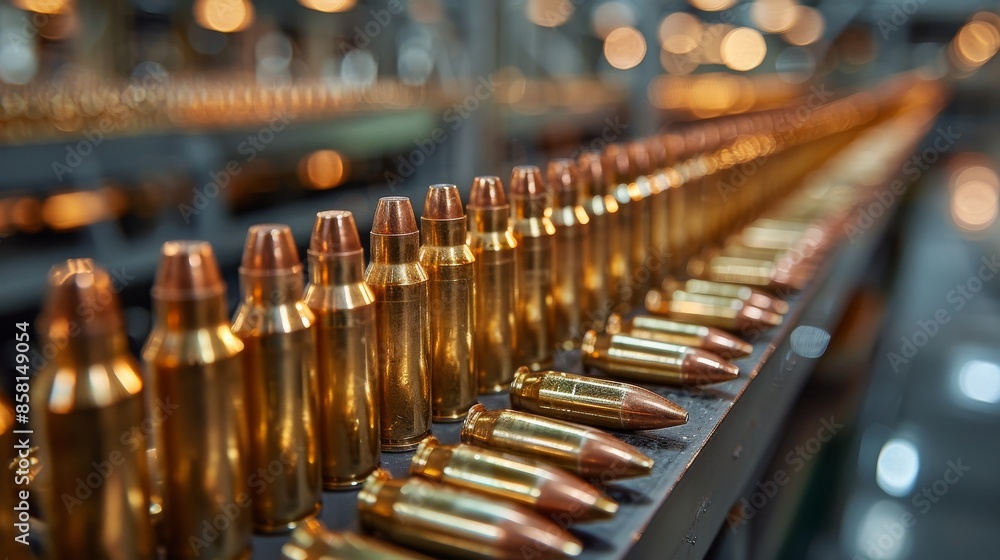 Poster display of shiny copper-tipped brass bullets arranged in an orderly fashion on a production line wit