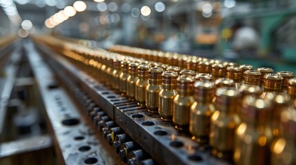 This image shows a close-up of precision-machined brass bullet casings aligned meticulously on an assembly line in a modern manufacturing facility, showcasing industrial efficiency.