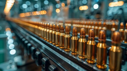 Rows of bullets are lined up in an assembly line within a factory, illuminated by ambient lights creating a bokeh effect in the background. Industrial process in motion.