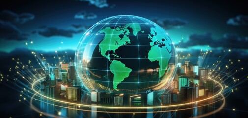 a futuristic cityscape with a glowing green globe in the center. The globe is surrounded by tall buildings and a network of glowing lines.