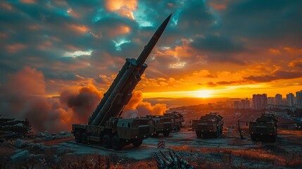 A line of military missile launchers set against a dramatic sunset sky, highlighting the contrast between human-made technology and the natural beauty of the evening.