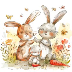 Cute cartoon bunnies with big ears, colorful flowers, and carrots, a lovely watercolor art piece.