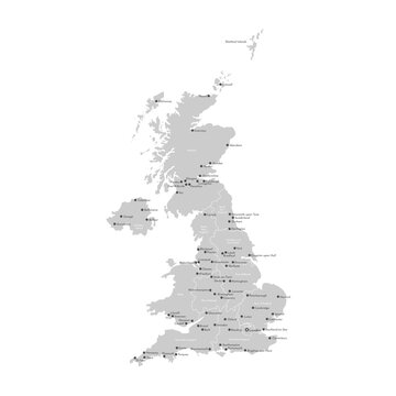 Vector modern isolated illustration. Simplified administrative map of United Kingdom of Great Britain and Northern Ireland. Grey shapes. Names of UK regions and big cities. White background
