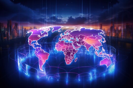 a glowing blue and purple map of the world with a glowing blue background.