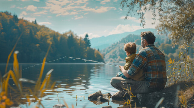 family fishing trip, dad son bonding while fishing at the lake on fathers day weekend, making memories together