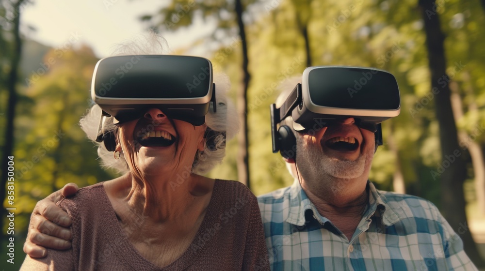 Wall mural senior people enjoy virtual world with vr headset on.