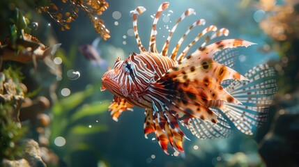 Vibrant coral reef with a lionfish swimming among coral and algae, sunlight filtering through the blue underwater scene.