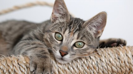 Fototapeta premium A grey tabby cat with green eyes rests on a rope scratching post