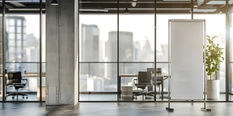 Mockup of a rollup banner in a contemporary office setting with a cityscape backdrop. Concept Mockup Design, Rollup Banner, Contemporary Office, Cityscape Backdrop