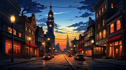 Fototapeta premium A detailed vector illustration of a bustling city street at night, with illuminated buildings, busy traffic, and vibrant urban energy. Illustration, Minimalism,