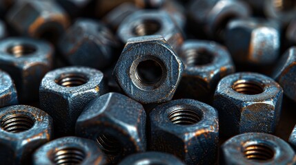 This image shows a pile of metal nuts with hexagonal shapes and visible threading, presenting signs of oxidation, illustrating the beauty of industrial decay and wear.