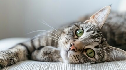 Fototapeta premium A grey tabby cat with green eyes rests on a rope scratching post